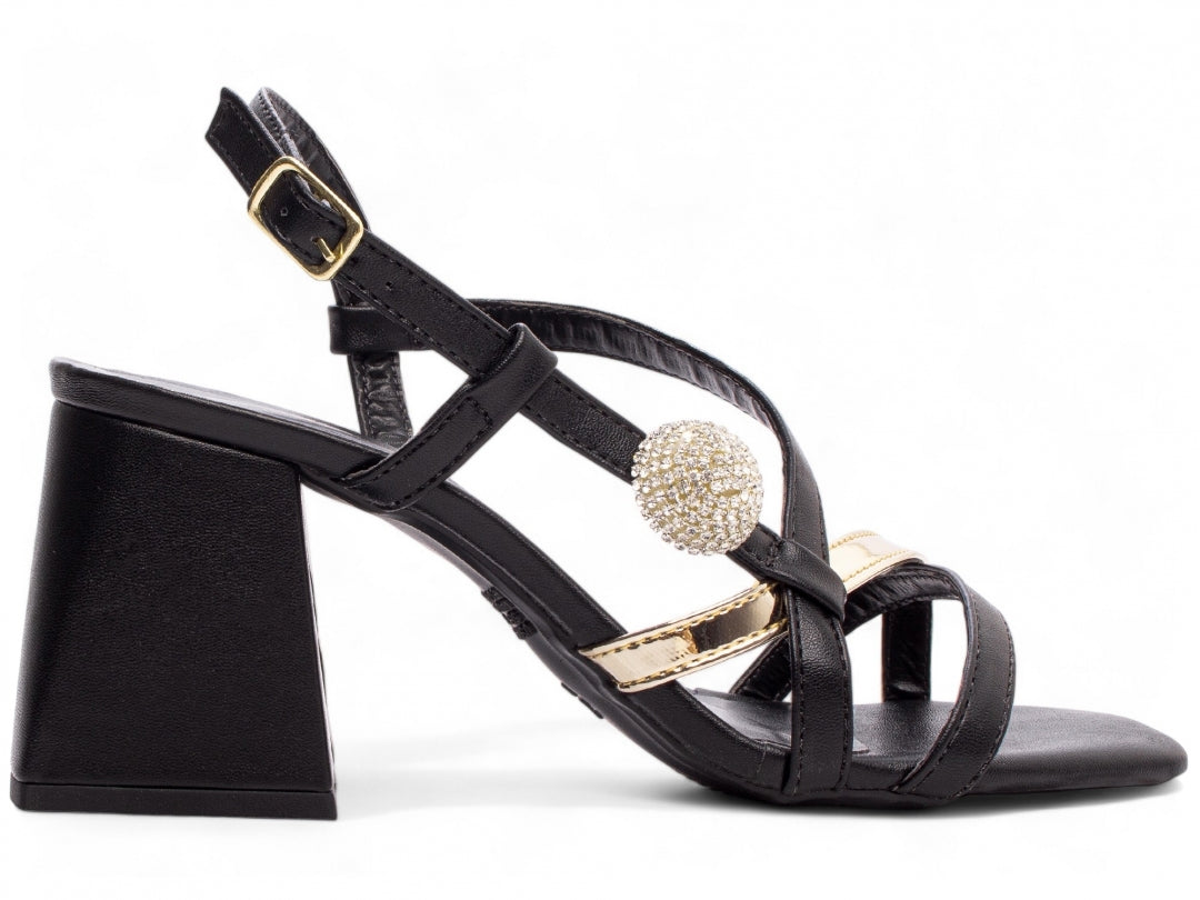 Sandália Feminina Metalizada com Strass Salto Grosso Quadrado - Magma Torricella