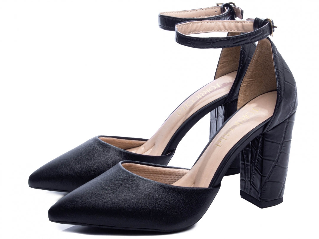 Sapato Scarpin Feminino Texturizado e Liso Salto Grosso - Damma Torricella