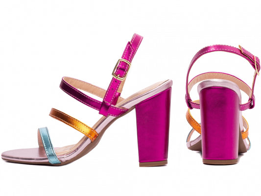 Sandália Feminina Metalizada Colorida com Fivela e Salto Grosso - Prisma Torricella